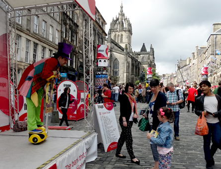 Matt on one of the Virgin Money fre performance stages on the Royal Mile in Edinburgh for the Fringe Festival