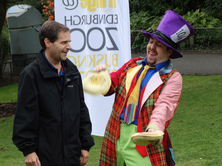 Matty with a willing "volunteer" at Edinburgh Zoo during the 2014 Edinburgh Fringe Festival