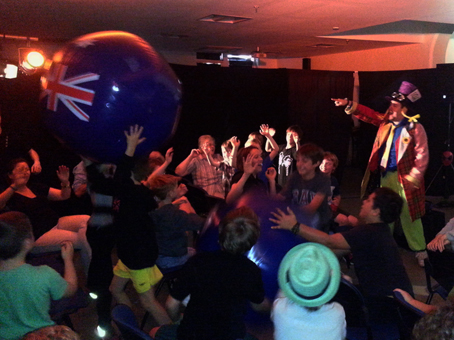 The audience plays dadge ball